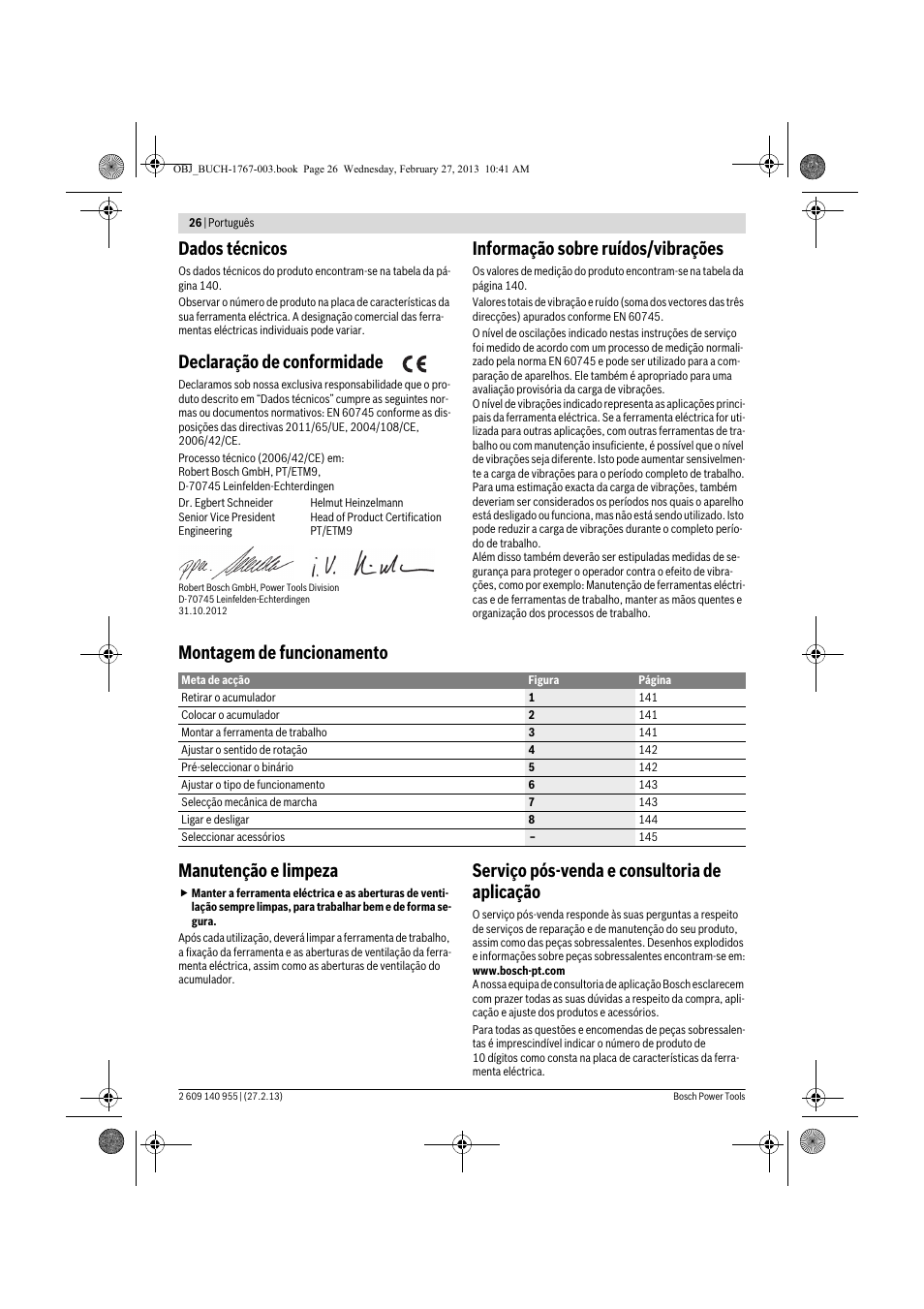 Dados técnicos, Declaração de conformidade, Informação sobre ruídos/vibrações | Montagem de funcionamento manutenção e limpeza, Serviço pós-venda e consultoria de aplicação | Bosch GSB 14,4-2-LI Professional User Manual | Page 26 / 145