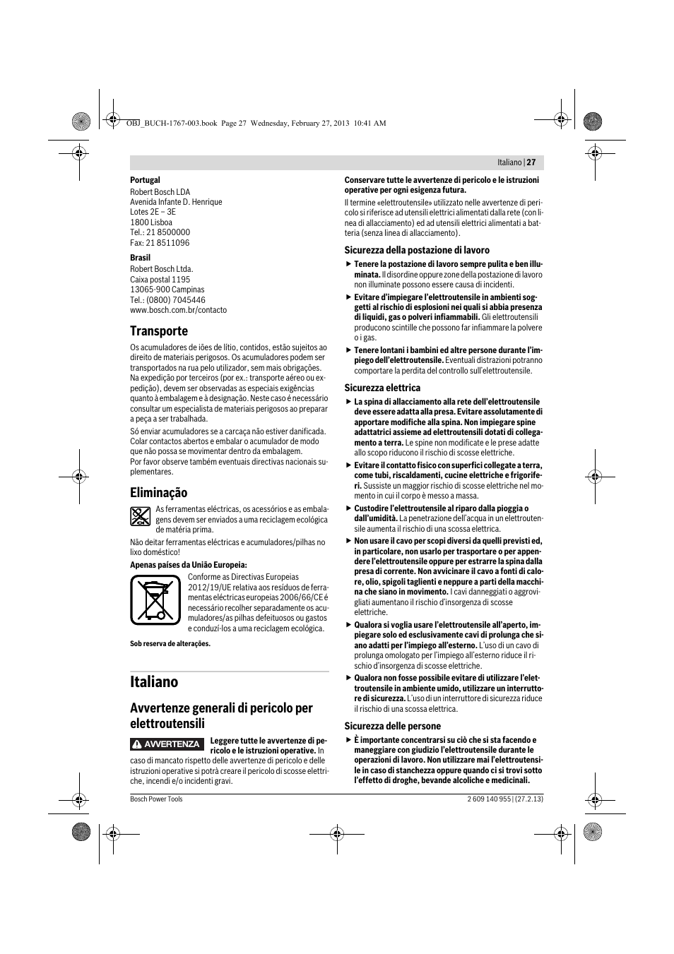 Italiano, Transporte, Eliminação | Bosch GSB 14,4-2-LI Professional User Manual | Page 27 / 145