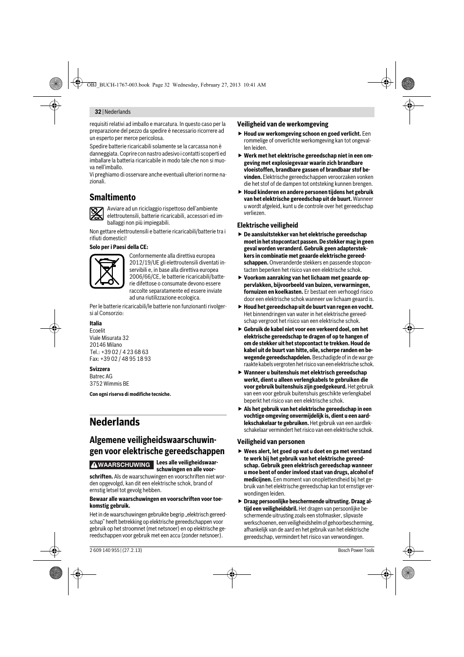 Nederlands, Smaltimento | Bosch GSB 14,4-2-LI Professional User Manual | Page 32 / 145