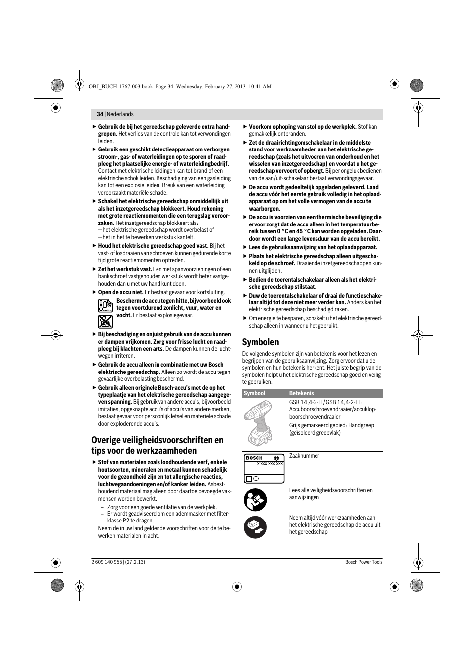 Symbolen | Bosch GSB 14,4-2-LI Professional User Manual | Page 34 / 145