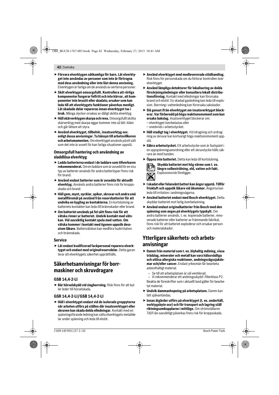 Ytterligare säkerhets- och arbets- anvisningar | Bosch GSB 14,4-2-LI Professional User Manual | Page 42 / 145