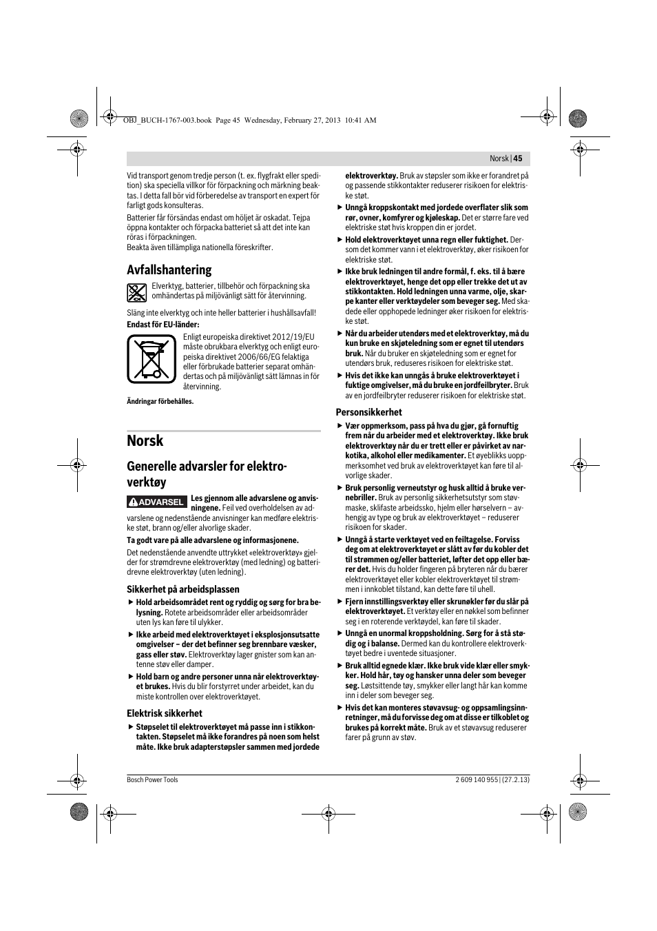 Norsk, Avfallshantering, Generelle advarsler for elektro- verktøy | Bosch GSB 14,4-2-LI Professional User Manual | Page 45 / 145
