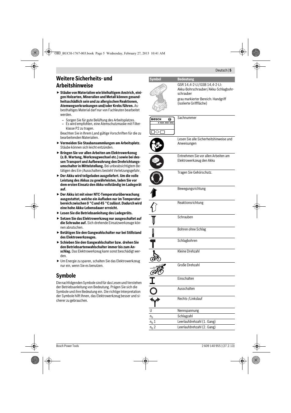 Weitere sicherheits- und arbeitshinweise, Symbole | Bosch GSB 14,4-2-LI Professional User Manual | Page 5 / 145