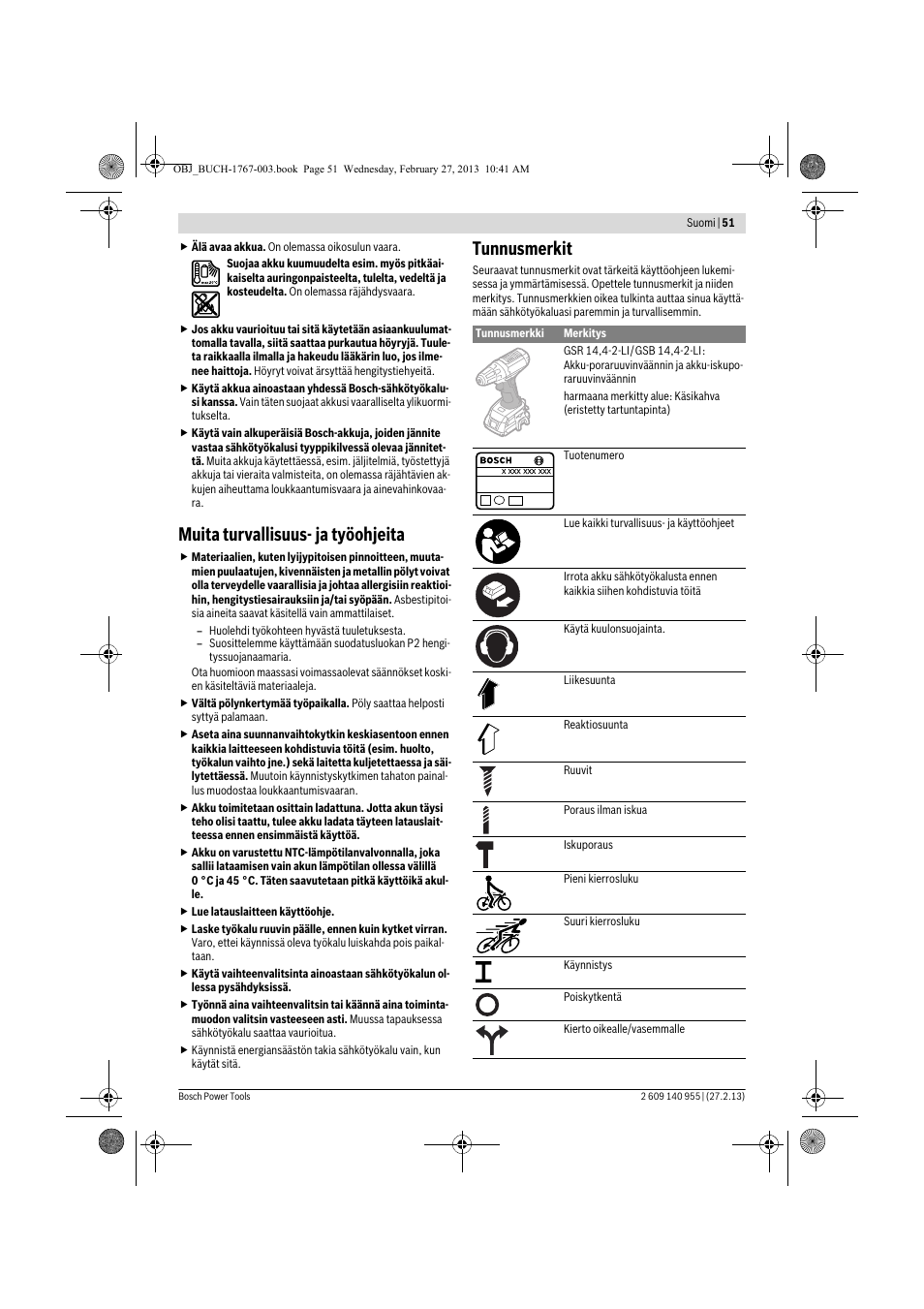 Muita turvallisuus- ja työohjeita, Tunnusmerkit | Bosch GSB 14,4-2-LI Professional User Manual | Page 51 / 145