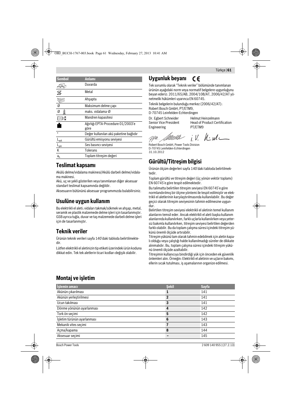 Teslimat kapsamı, Usulüne uygun kullanım, Teknik veriler | Uygunluk beyanı, Gürültü/titreşim bilgisi, Montaj ve işletim | Bosch GSB 14,4-2-LI Professional User Manual | Page 61 / 145