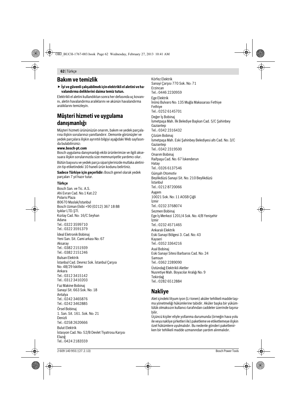 Bakım ve temizlik, Müşteri hizmeti ve uygulama danışmanlığı, Nakliye | Bosch GSB 14,4-2-LI Professional User Manual | Page 62 / 145