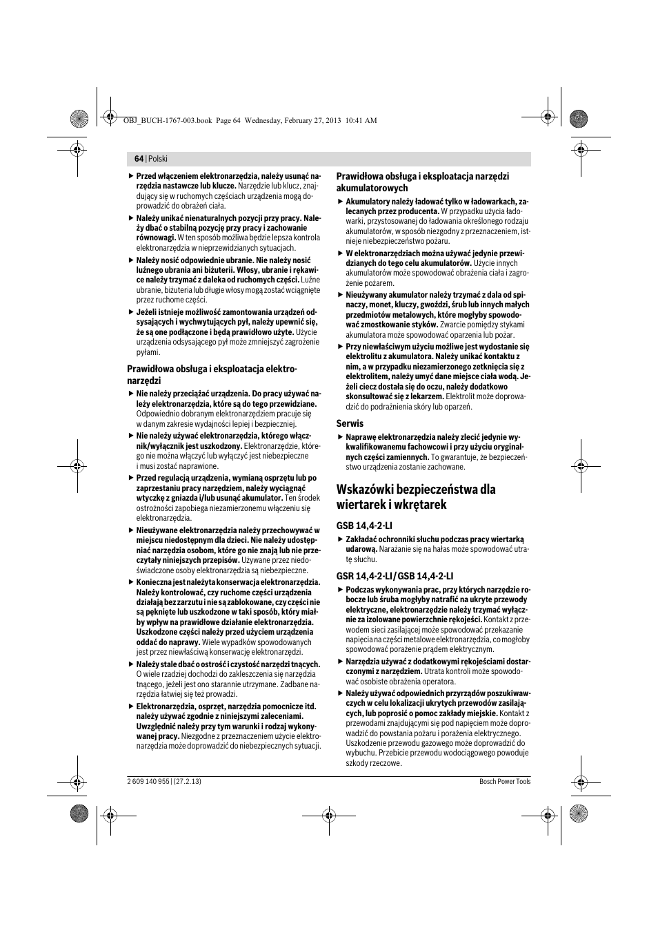 Wskazówki bezpieczeństwa dla wiertarek i wkrętarek | Bosch GSB 14,4-2-LI Professional User Manual | Page 64 / 145