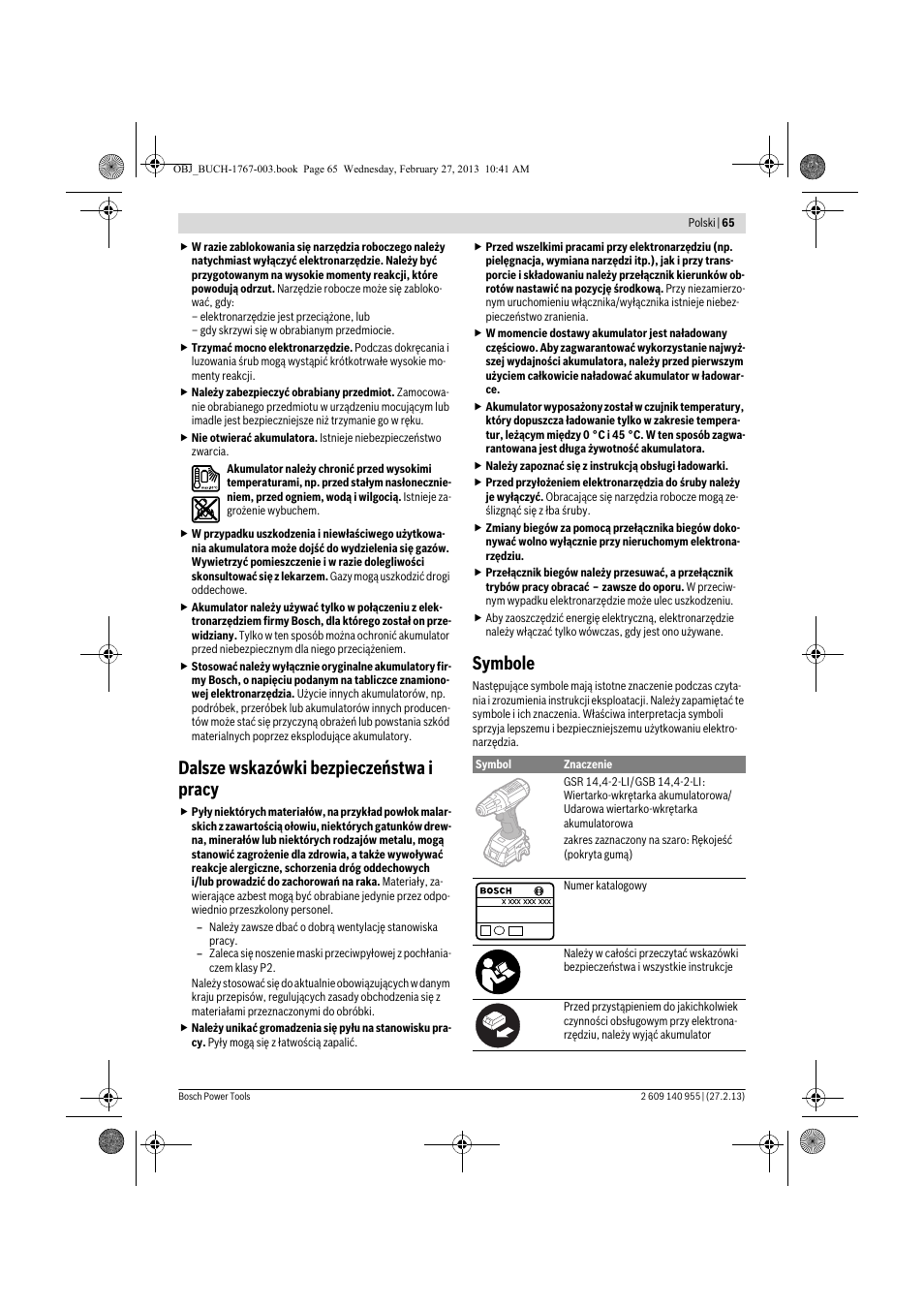 Dalsze wskazówki bezpieczeństwa i pracy, Symbole | Bosch GSB 14,4-2-LI Professional User Manual | Page 65 / 145