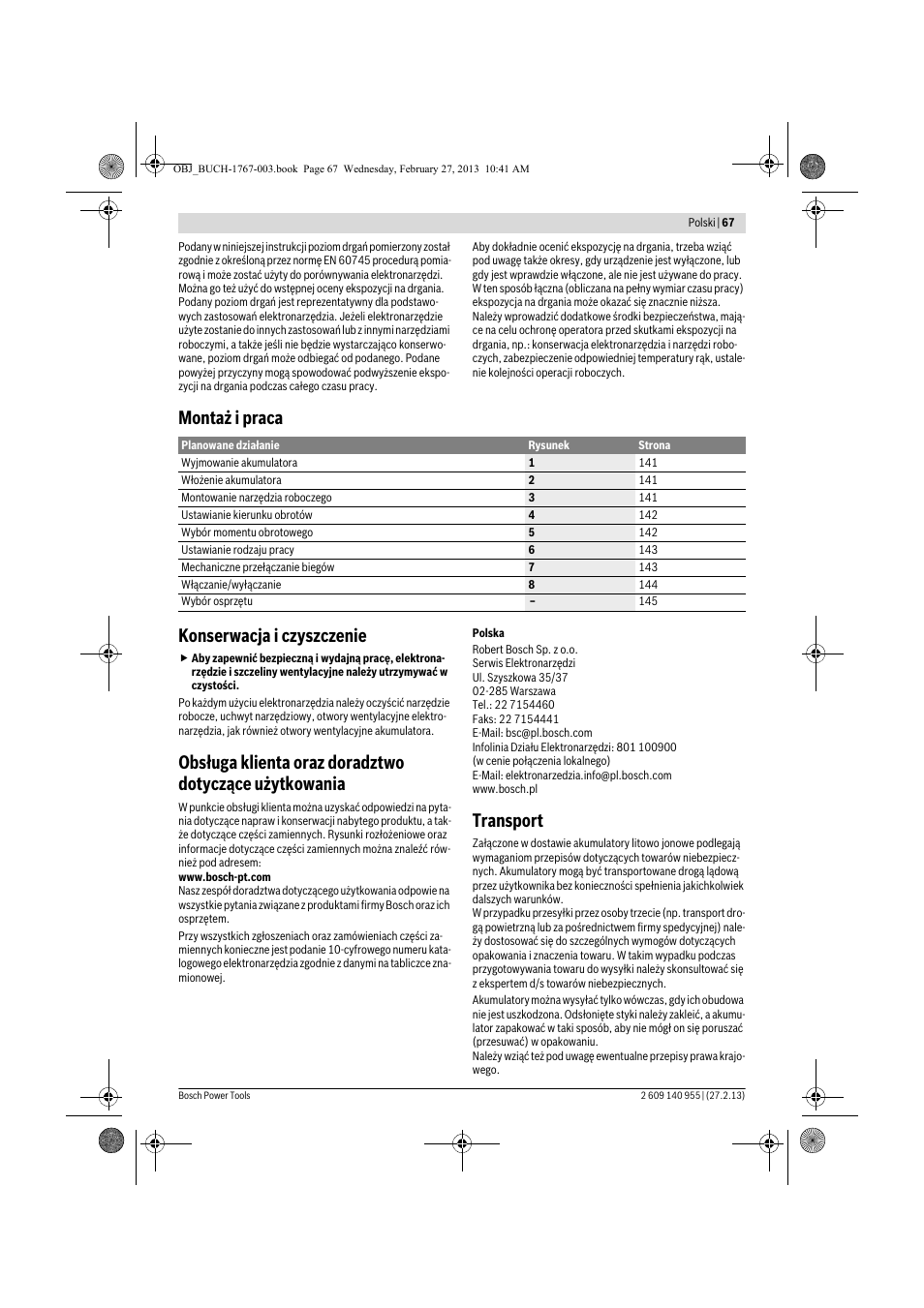 Montaż i praca konserwacja i czyszczenie, Transport | Bosch GSB 14,4-2-LI Professional User Manual | Page 67 / 145