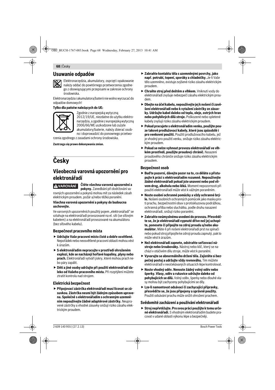 Česky, Usuwanie odpadów, Všeobecná varovná upozornění pro elektronářadí | Bosch GSB 14,4-2-LI Professional User Manual | Page 68 / 145