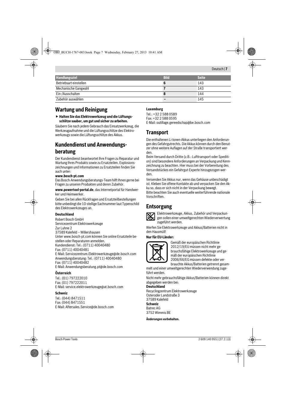 Wartung und reinigung, Kundendienst und anwendungs- beratung, Transport | Entsorgung | Bosch GSB 14,4-2-LI Professional User Manual | Page 7 / 145