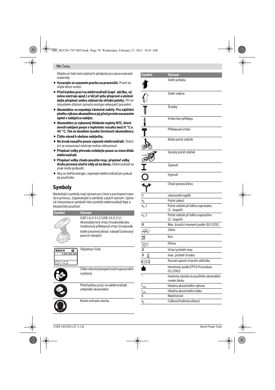 Symboly | Bosch GSB 14,4-2-LI Professional User Manual | Page 70 / 145