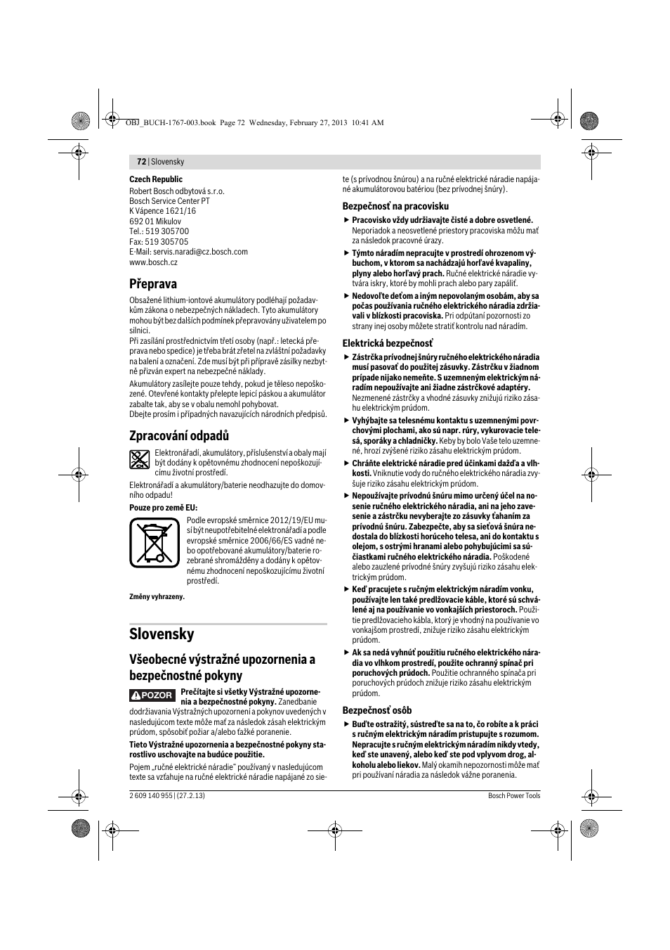 Slovensky, Přeprava, Zpracování odpadů | Bosch GSB 14,4-2-LI Professional User Manual | Page 72 / 145