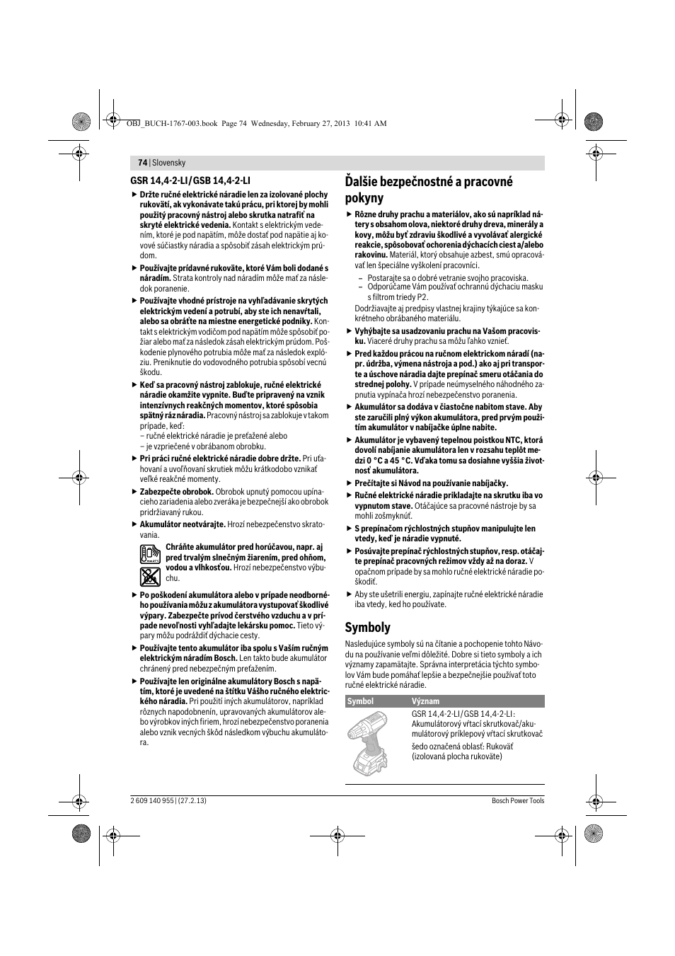 Ďalšie bezpečnostné a pracovné pokyny, Symboly | Bosch GSB 14,4-2-LI Professional User Manual | Page 74 / 145