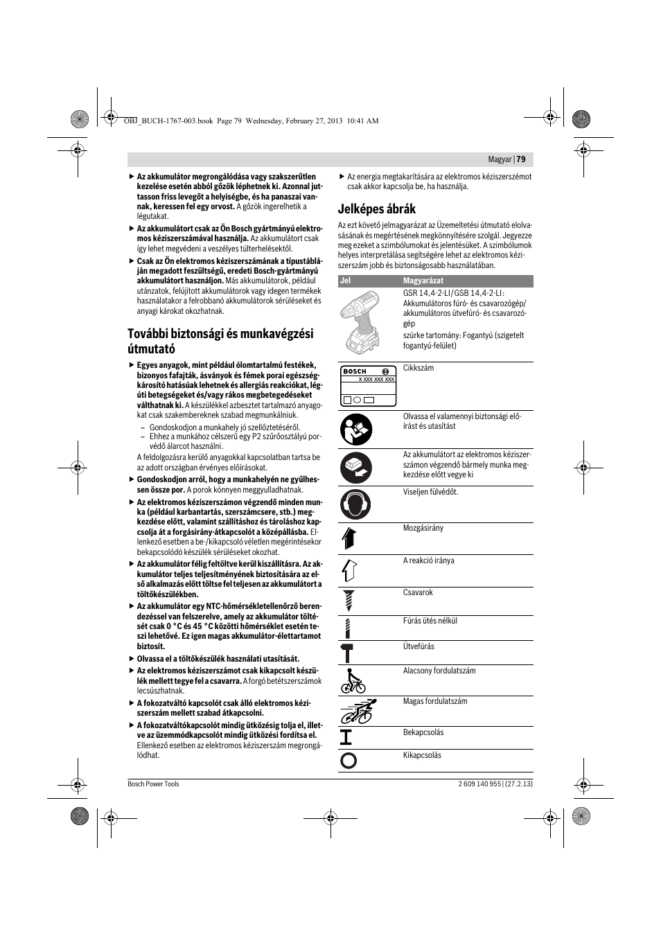 További biztonsági és munkavégzési útmutató, Jelképes ábrák | Bosch GSB 14,4-2-LI Professional User Manual | Page 79 / 145