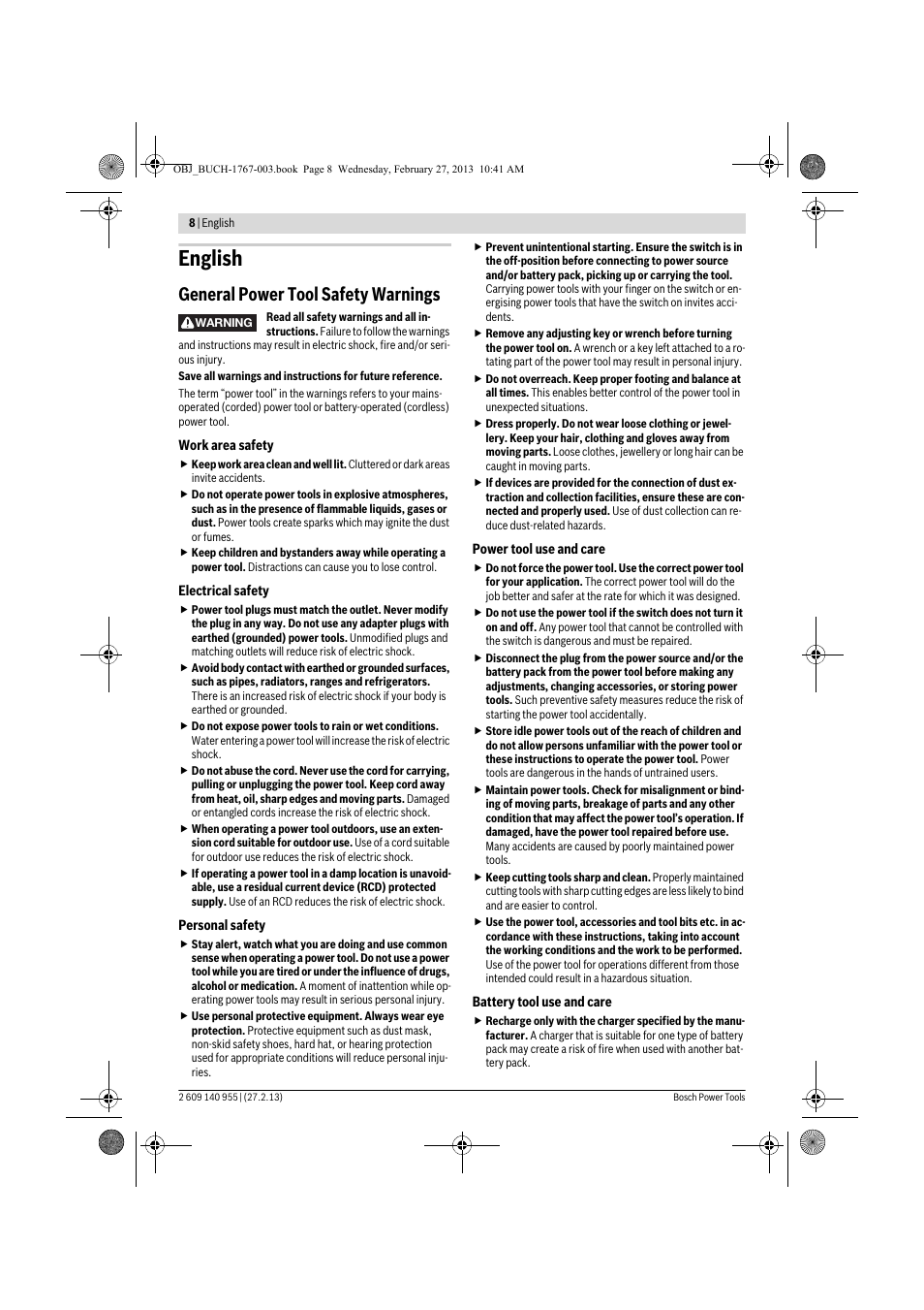 English, General power tool safety warnings | Bosch GSB 14,4-2-LI Professional User Manual | Page 8 / 145