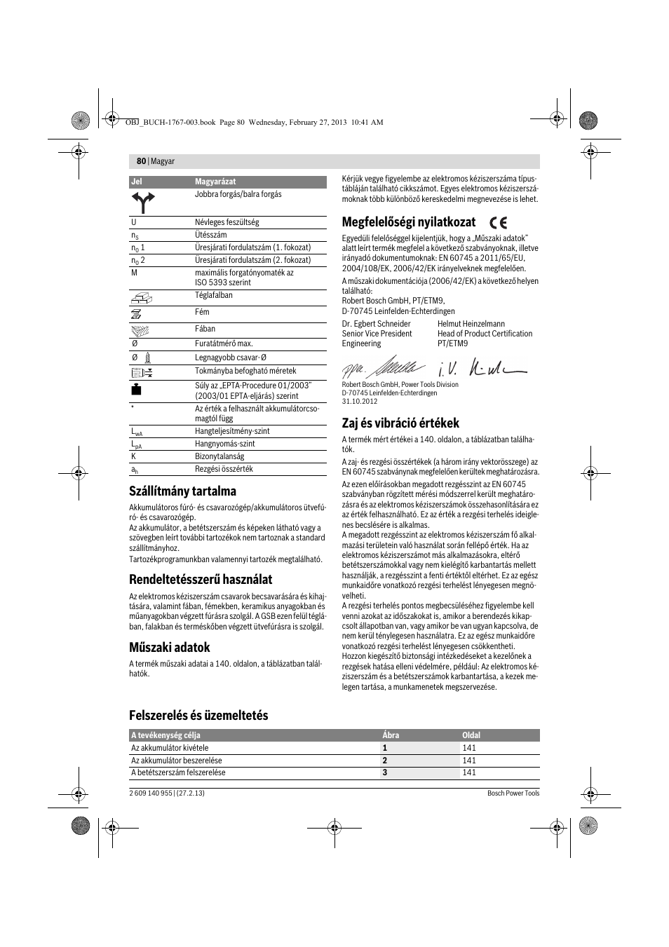 Szállítmány tartalma, Rendeltetésszerű használat, Műszaki adatok | Megfelelőségi nyilatkozat, Zaj és vibráció értékek, Felszerelés és üzemeltetés | Bosch GSB 14,4-2-LI Professional User Manual | Page 80 / 145