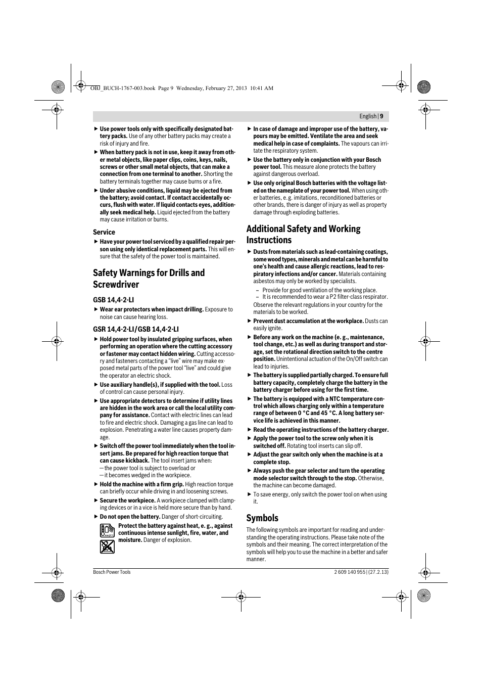 Safety warnings for drills and screwdriver, Additional safety and working instructions, Symbols | Bosch GSB 14,4-2-LI Professional User Manual | Page 9 / 145
