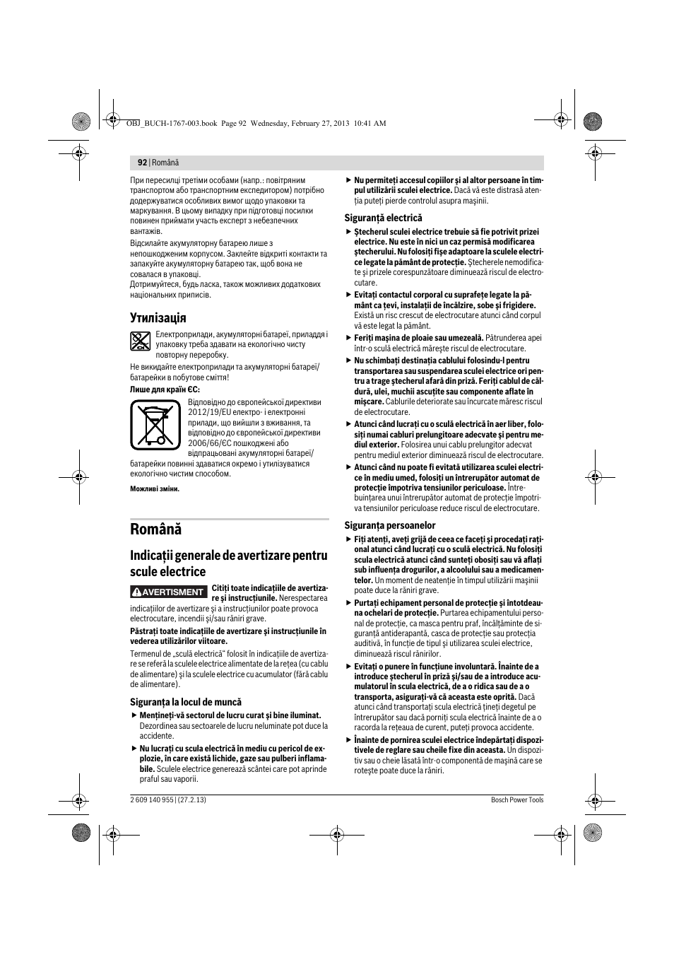 Română, Утилізація | Bosch GSB 14,4-2-LI Professional User Manual | Page 92 / 145