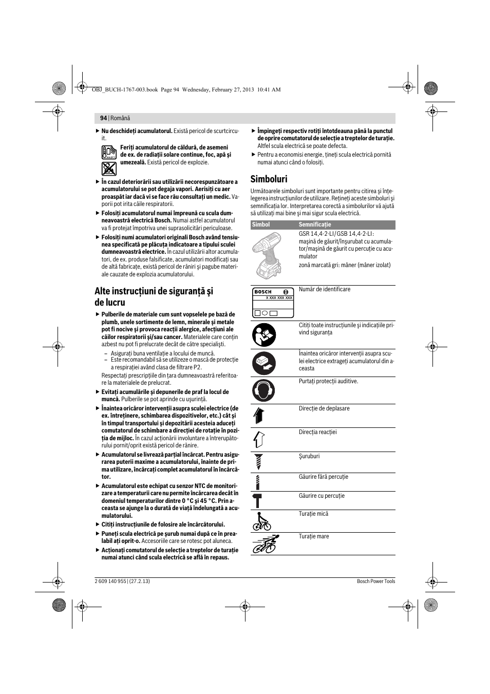 Alte instrucţiuni de siguranţă şi de lucru, Simboluri | Bosch GSB 14,4-2-LI Professional User Manual | Page 94 / 145