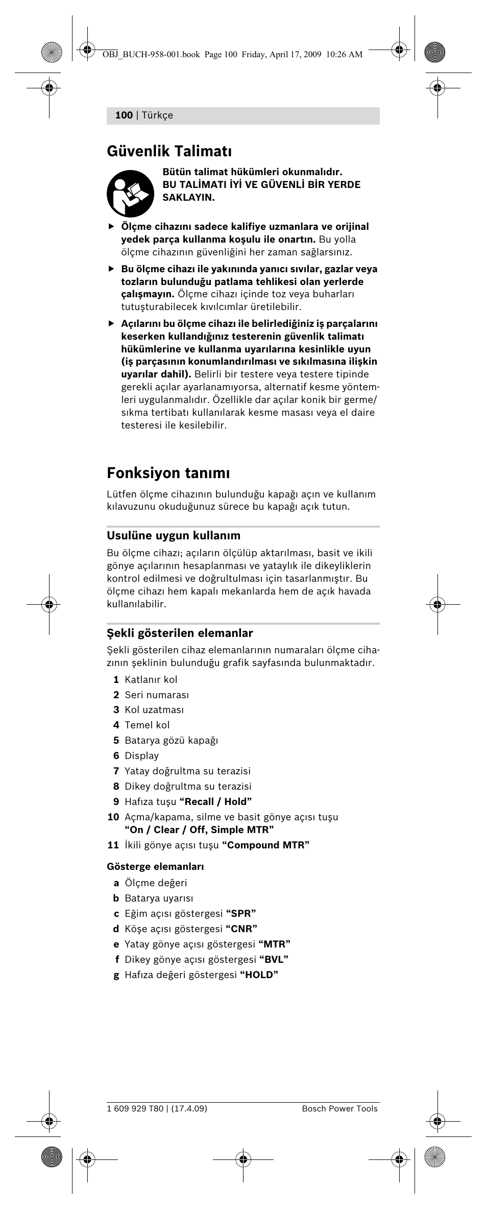 Güvenlik talimat, Fonksiyon tan m | Bosch GAM 220 MF Professional User Manual | Page 100 / 246