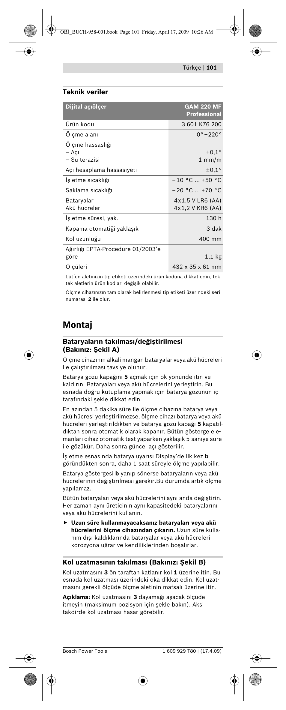 Montaj | Bosch GAM 220 MF Professional User Manual | Page 101 / 246