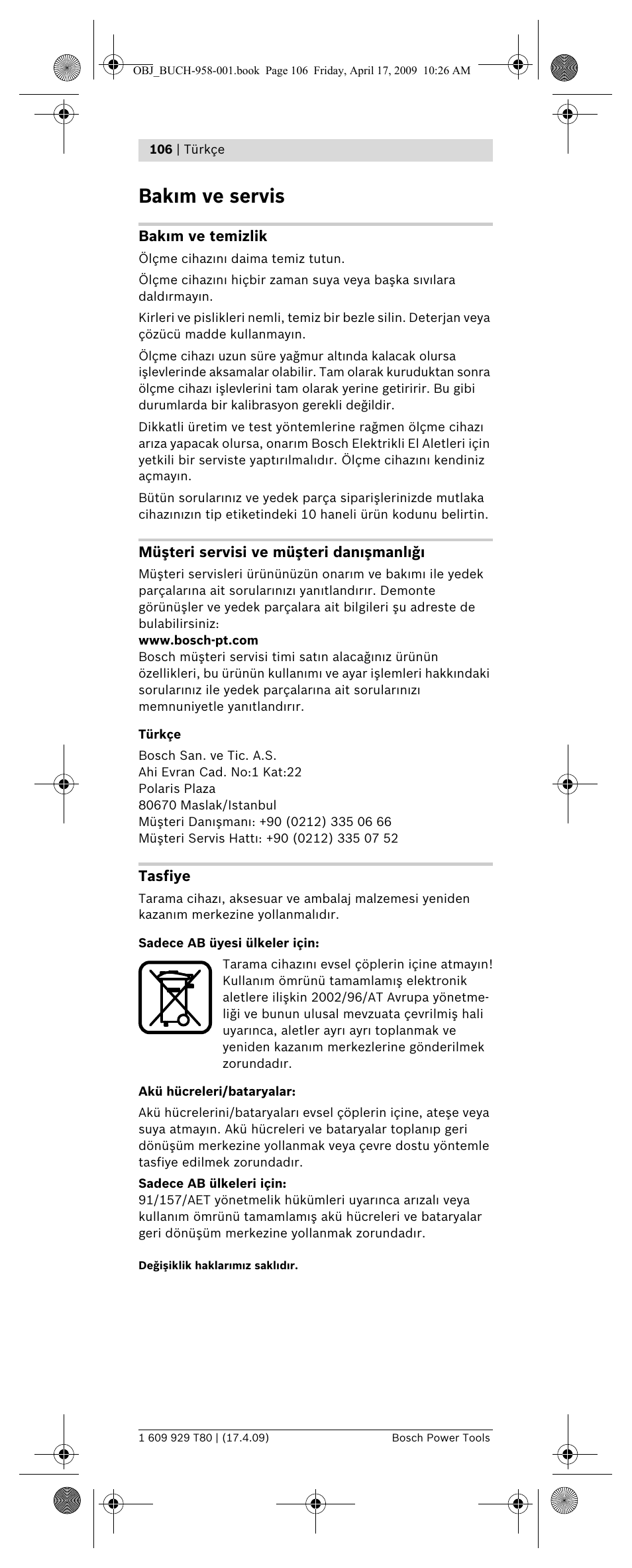Bak m ve servis | Bosch GAM 220 MF Professional User Manual | Page 106 / 246