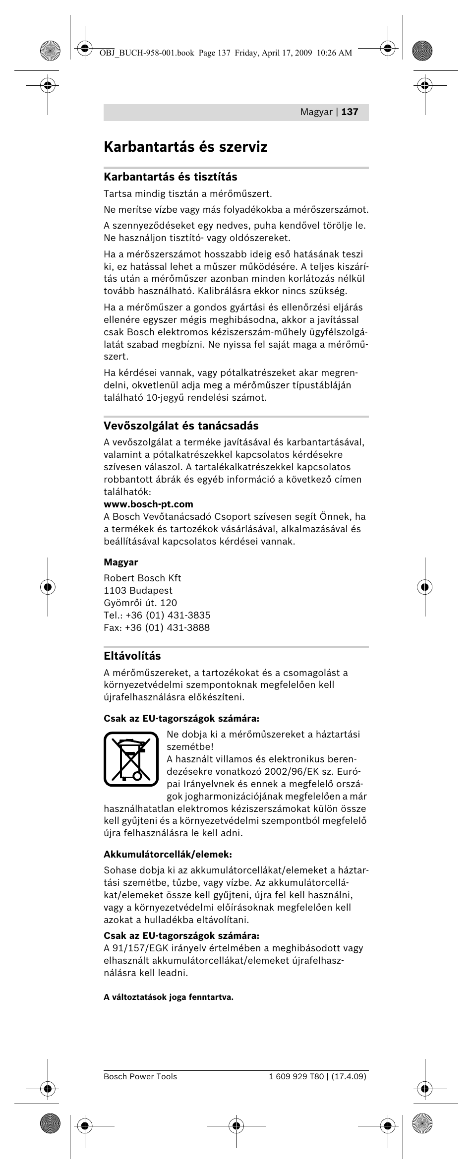 Karbantartás és szerviz | Bosch GAM 220 MF Professional User Manual | Page 137 / 246