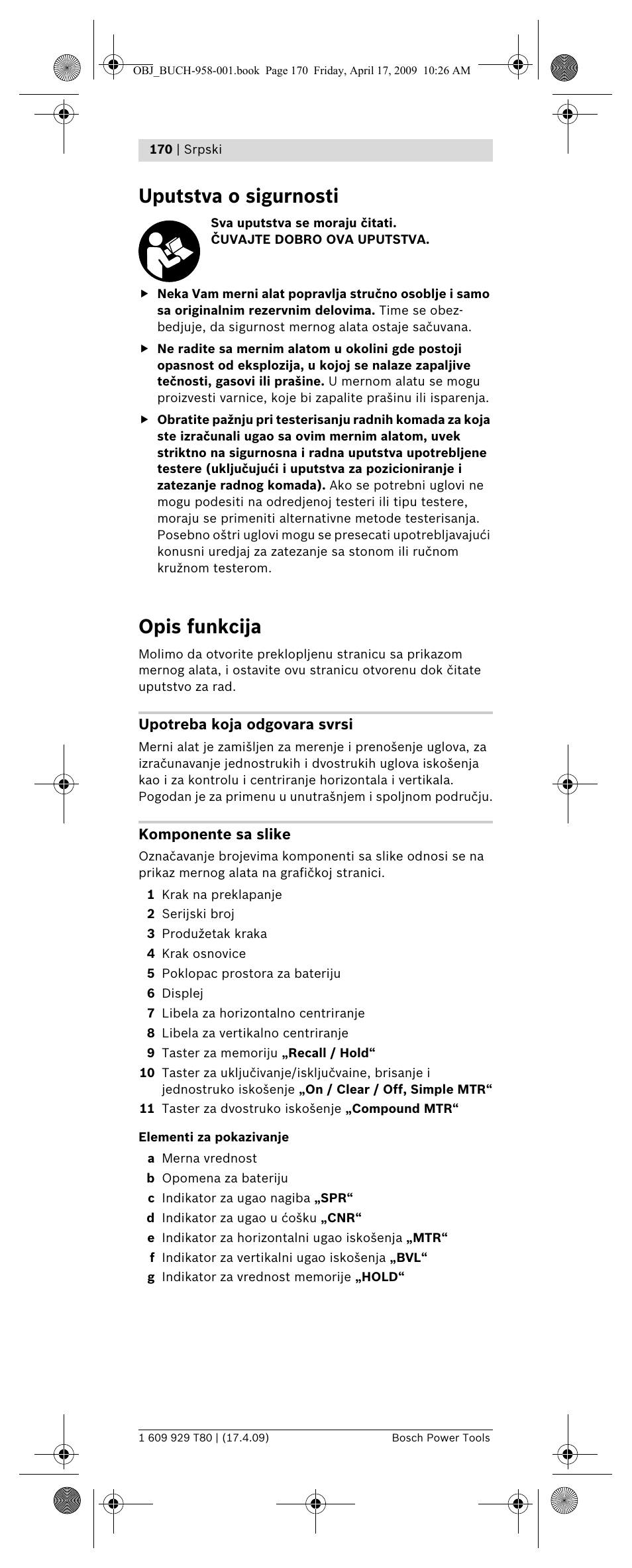 Uputstva o sigurnosti, Opis funkcija | Bosch GAM 220 MF Professional User Manual | Page 170 / 246