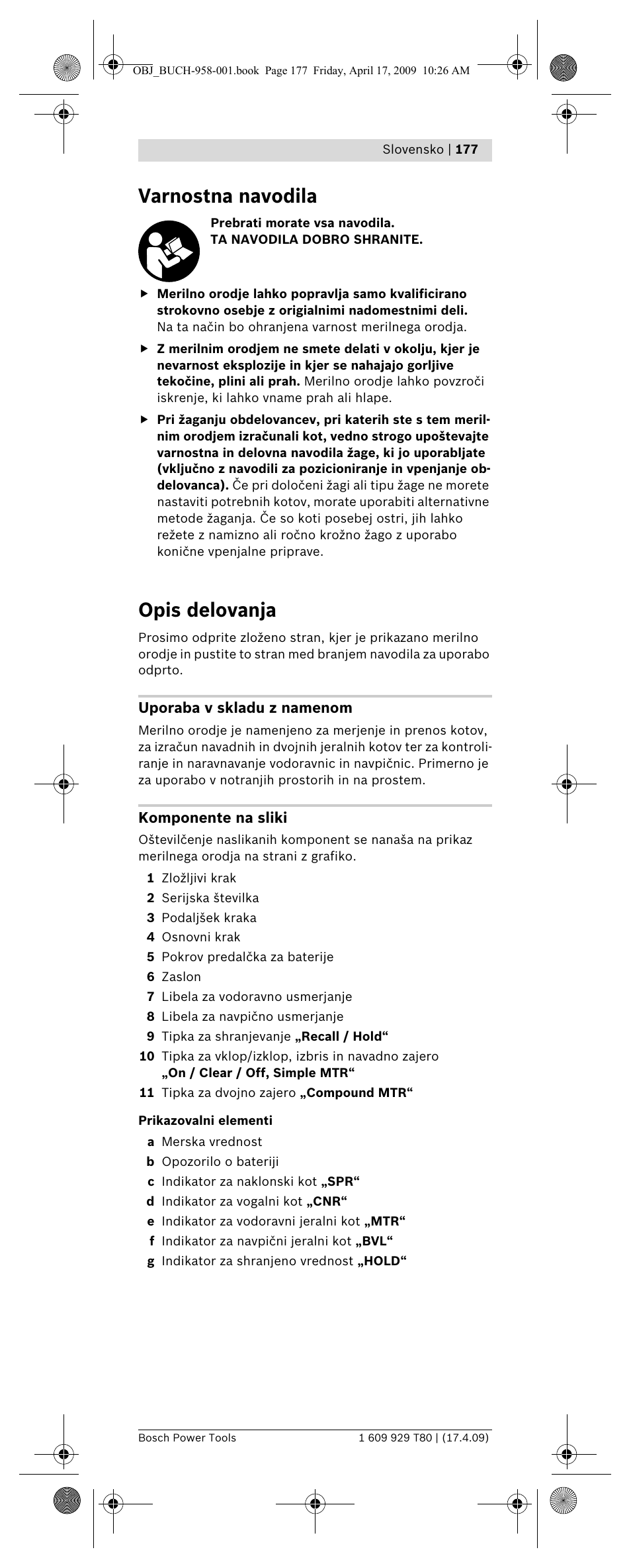 Varnostna navodila, Opis delovanja | Bosch GAM 220 MF Professional User Manual | Page 177 / 246