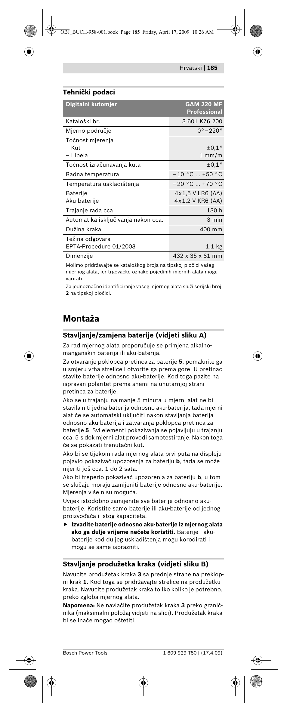 Montaža | Bosch GAM 220 MF Professional User Manual | Page 185 / 246