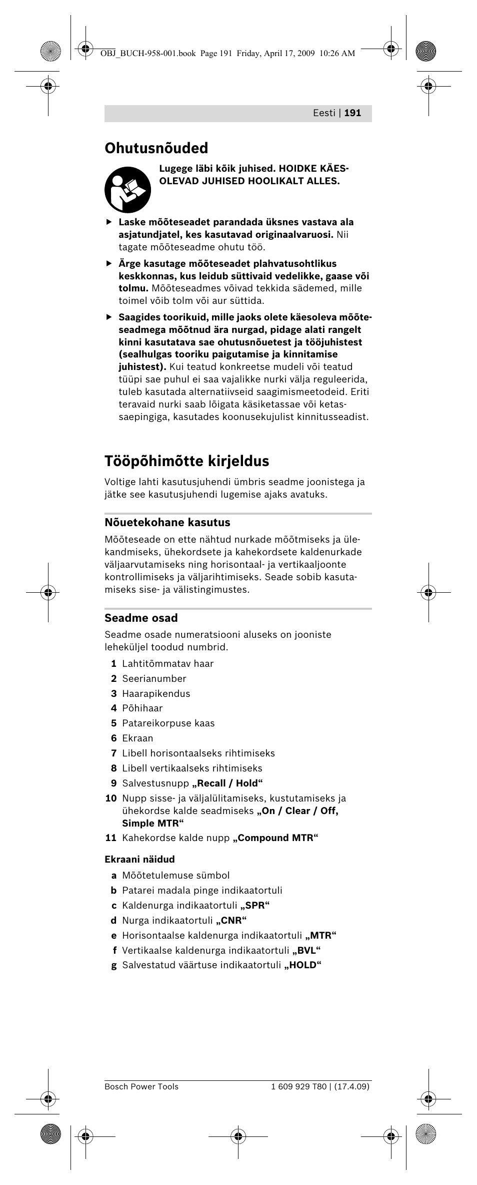 Ohutusnõuded, Tööpõhimõtte kirjeldus | Bosch GAM 220 MF Professional User Manual | Page 191 / 246