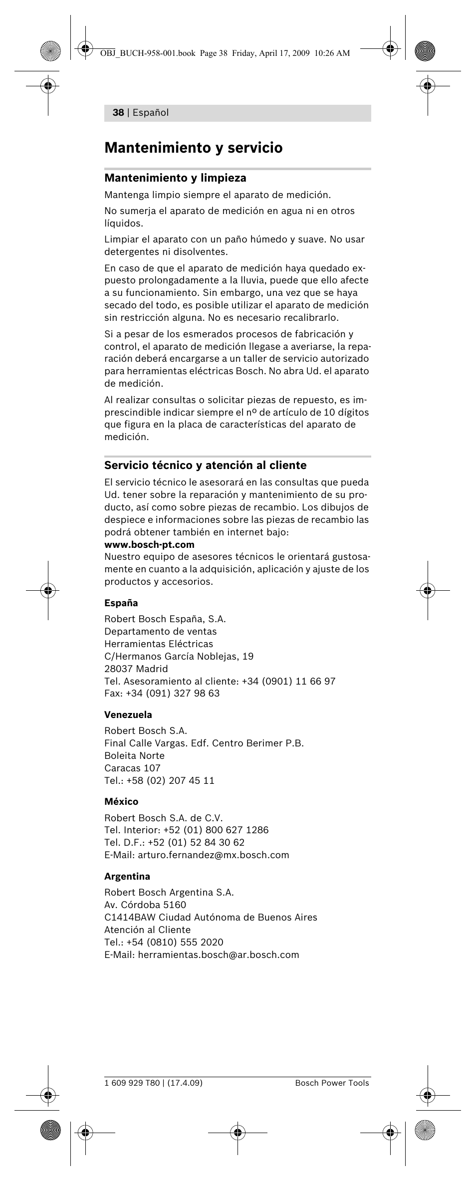 Mantenimiento y servicio | Bosch GAM 220 MF Professional User Manual | Page 38 / 246