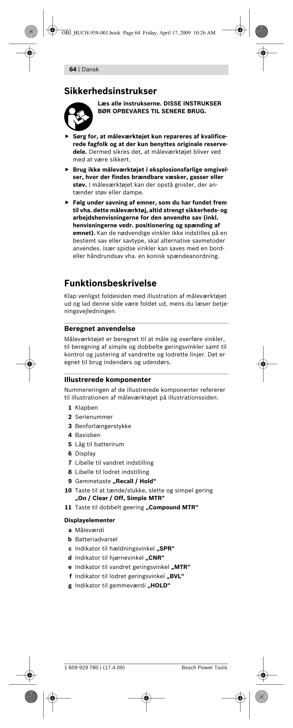 Sikkerhedsinstrukser, Funktionsbeskrivelse | Bosch GAM 220 MF Professional User Manual | Page 64 / 246