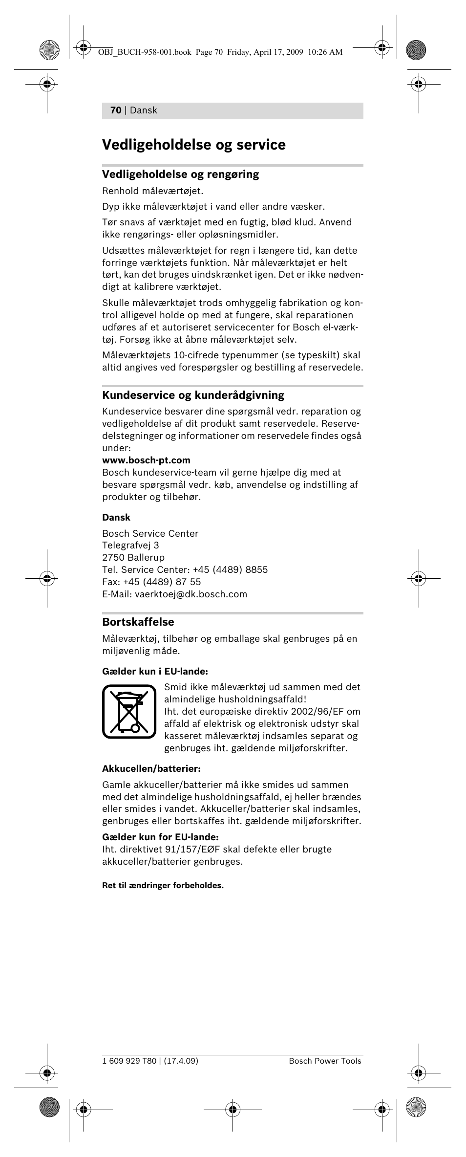Vedligeholdelse og service | Bosch GAM 220 MF Professional User Manual | Page 70 / 246