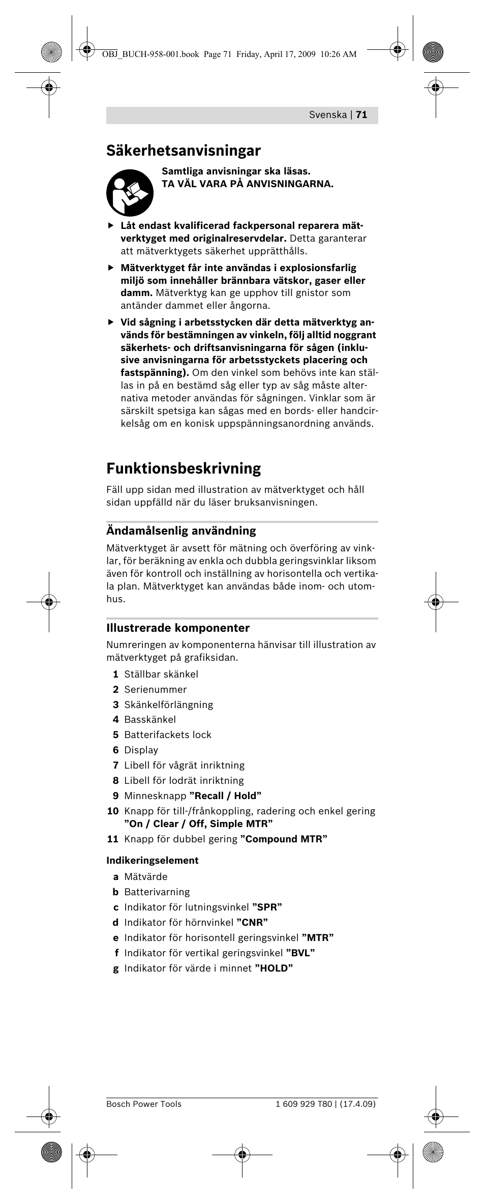 Säkerhetsanvisningar, Funktionsbeskrivning | Bosch GAM 220 MF Professional User Manual | Page 71 / 246