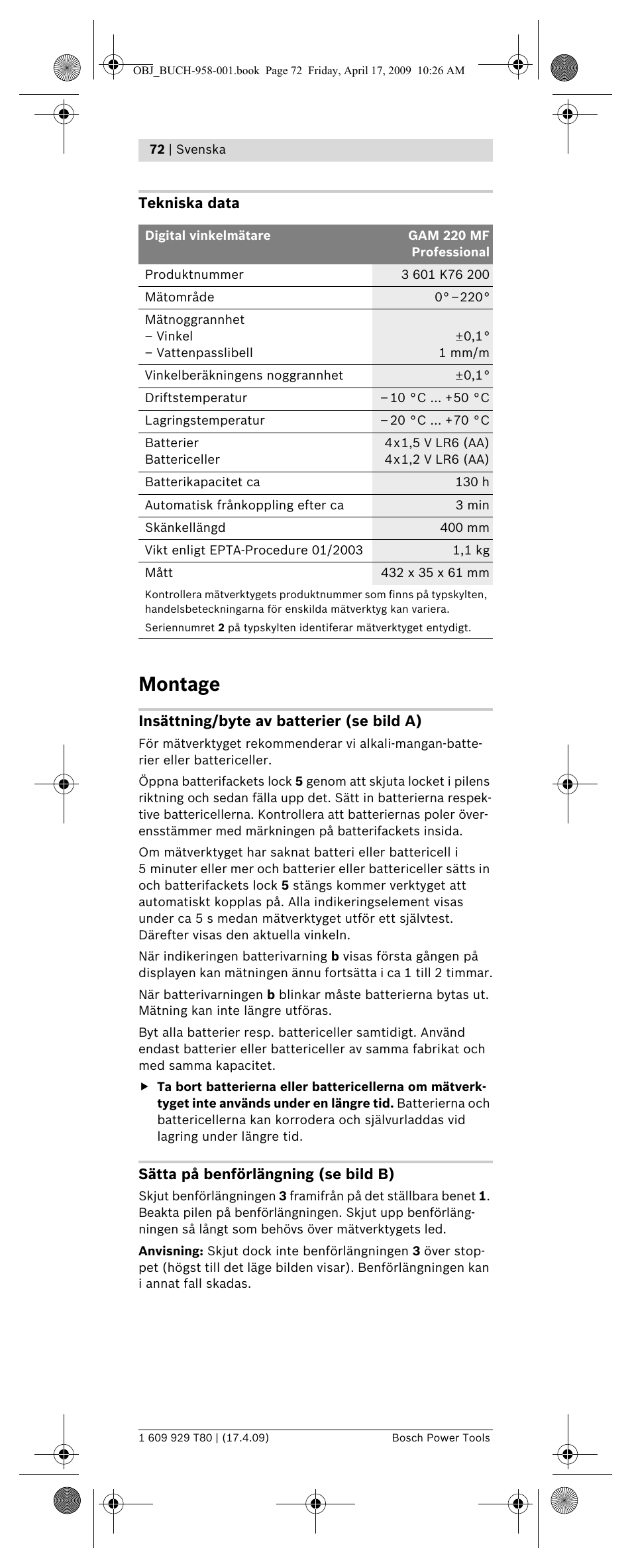 Montage | Bosch GAM 220 MF Professional User Manual | Page 72 / 246