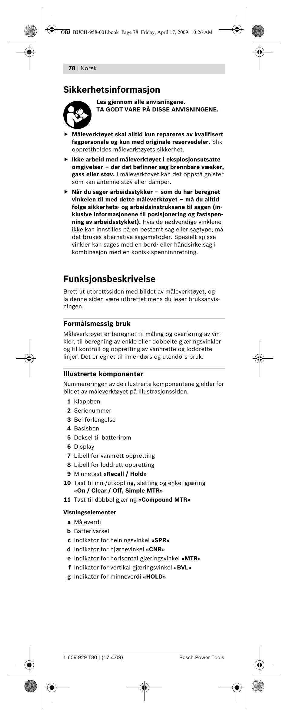 Sikkerhetsinformasjon, Funksjonsbeskrivelse | Bosch GAM 220 MF Professional User Manual | Page 78 / 246