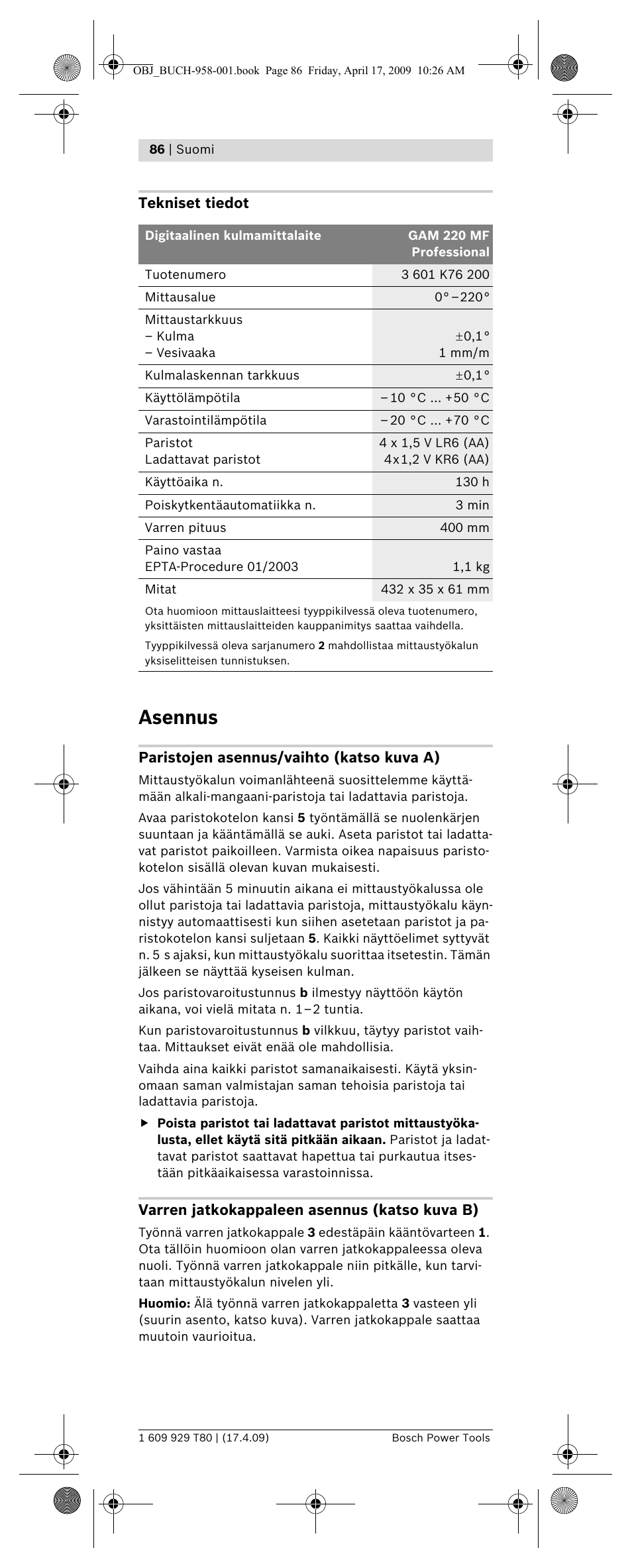 Asennus | Bosch GAM 220 MF Professional User Manual | Page 86 / 246