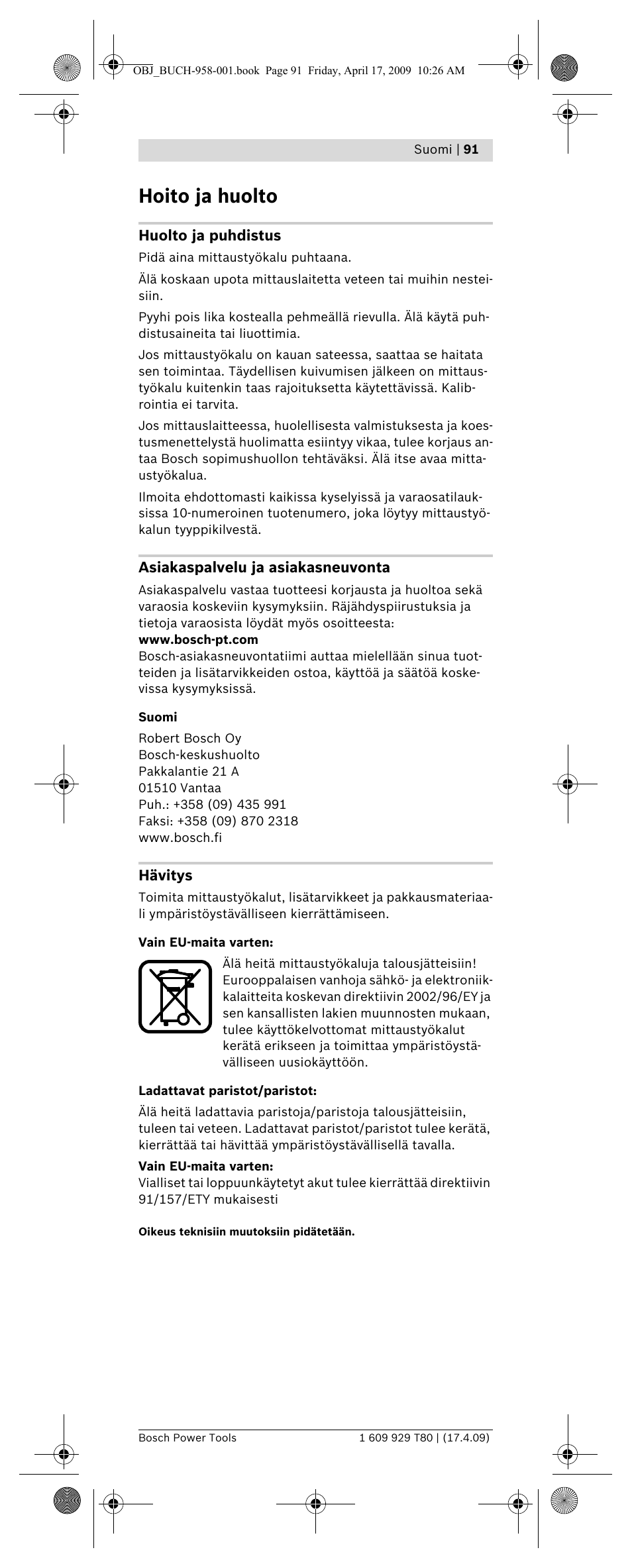 Hoito ja huolto | Bosch GAM 220 MF Professional User Manual | Page 91 / 246