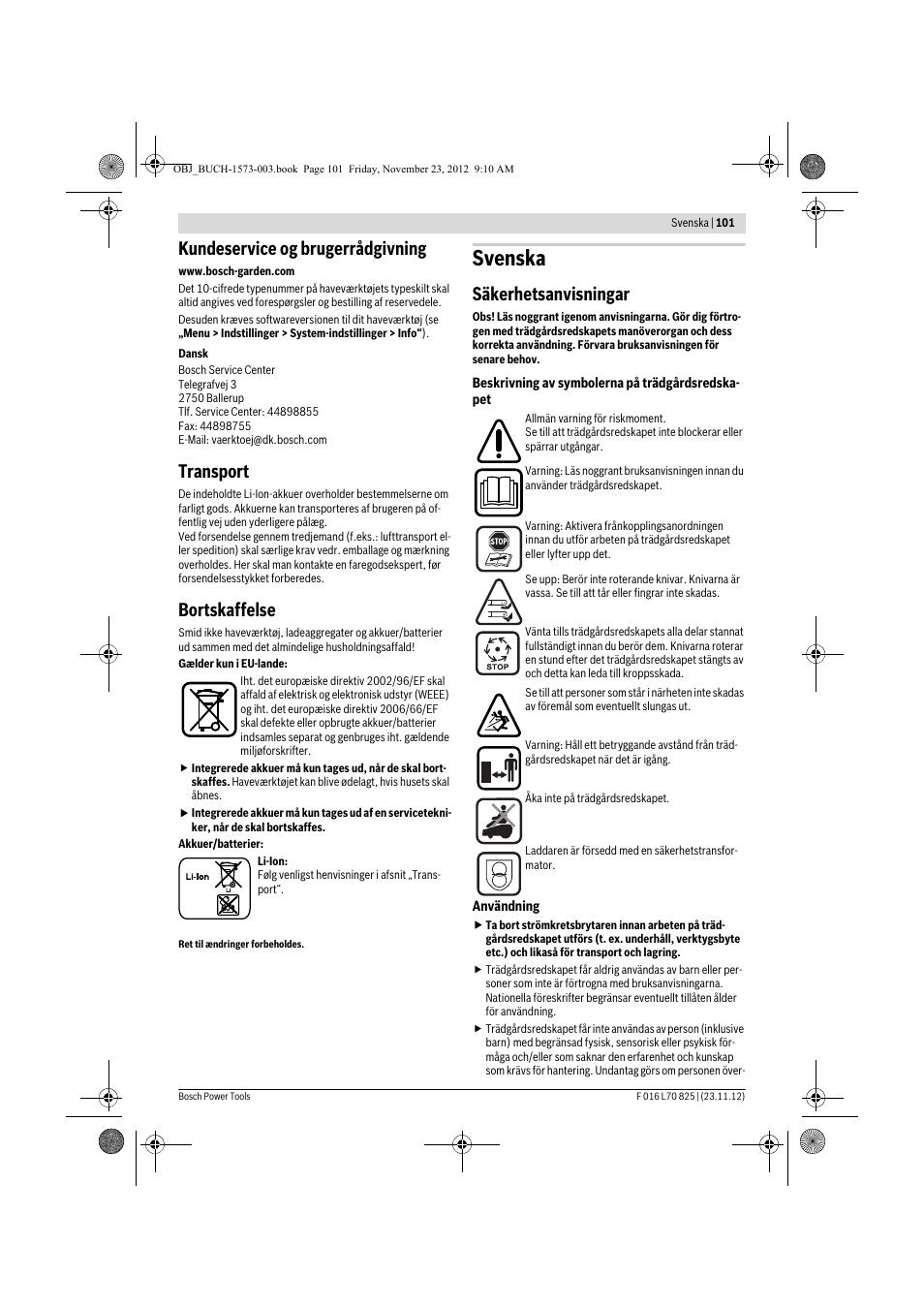 Svenska, Kundeservice og brugerrådgivning, Transport | Bortskaffelse, Säkerhetsanvisningar | Bosch Indego User Manual | Page 101 / 309