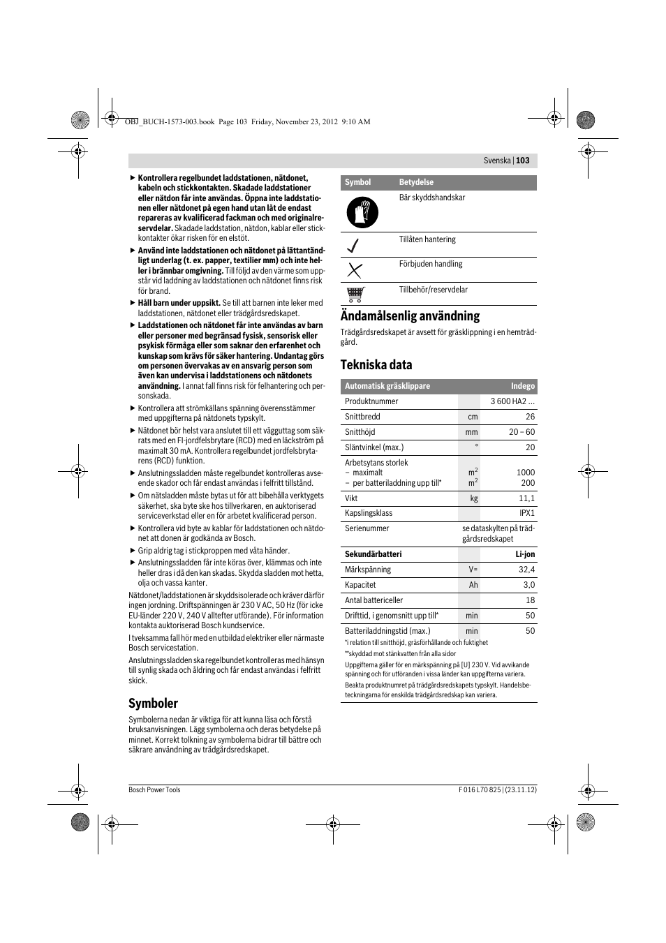 Symboler, Ändamålsenlig användning, Tekniska data | Bosch Indego User Manual | Page 103 / 309