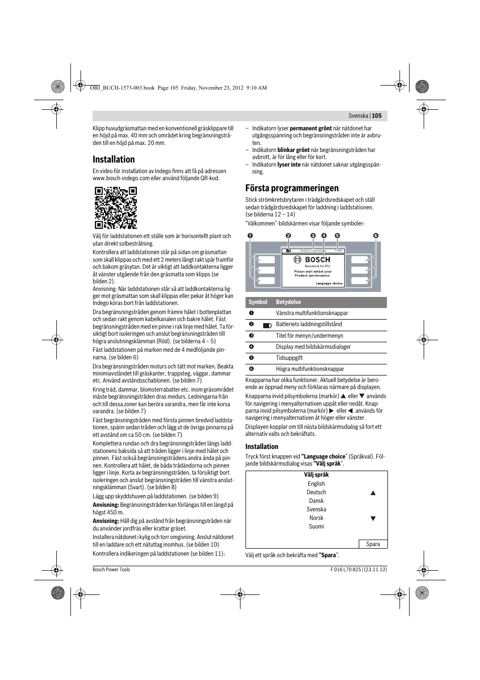 Installation, Första programmeringen | Bosch Indego User Manual | Page 105 / 309