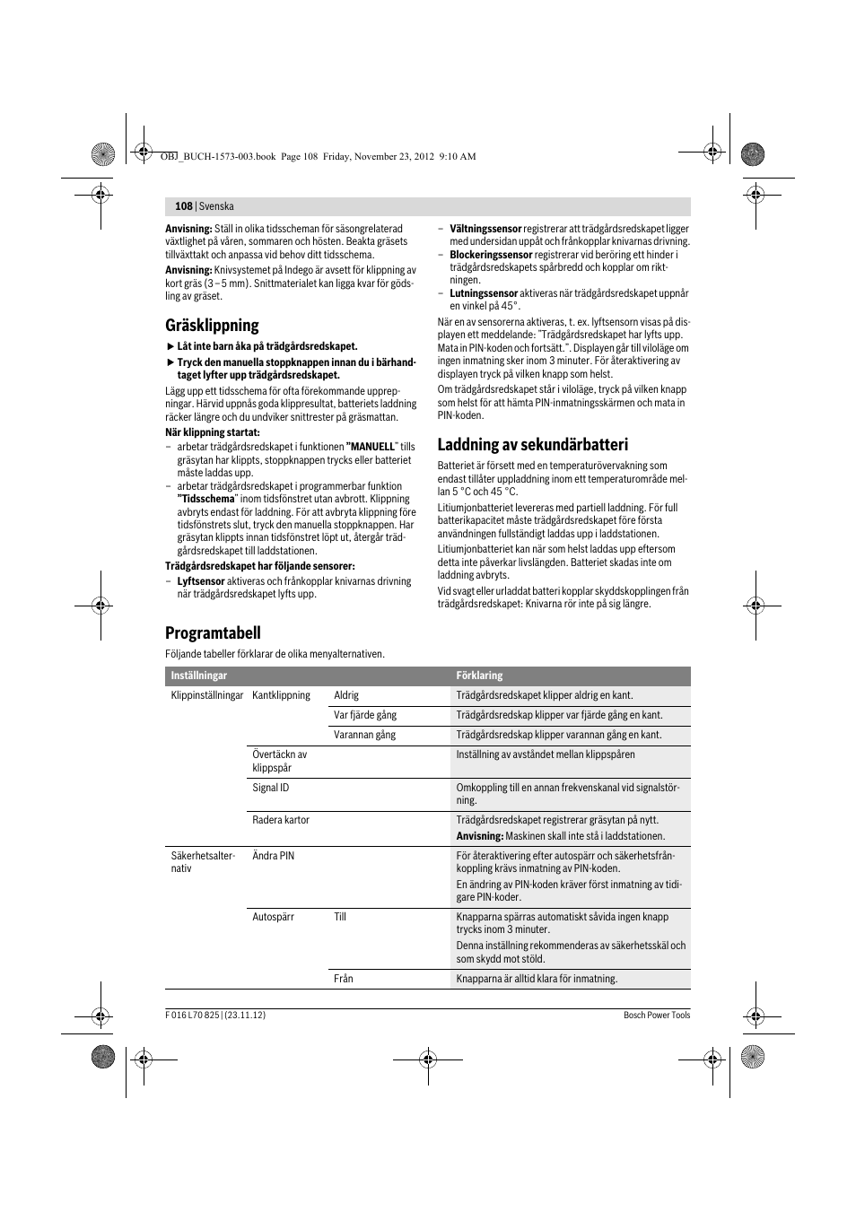 Gräsklippning, Laddning av sekundärbatteri, Programtabell | Bosch Indego User Manual | Page 108 / 309