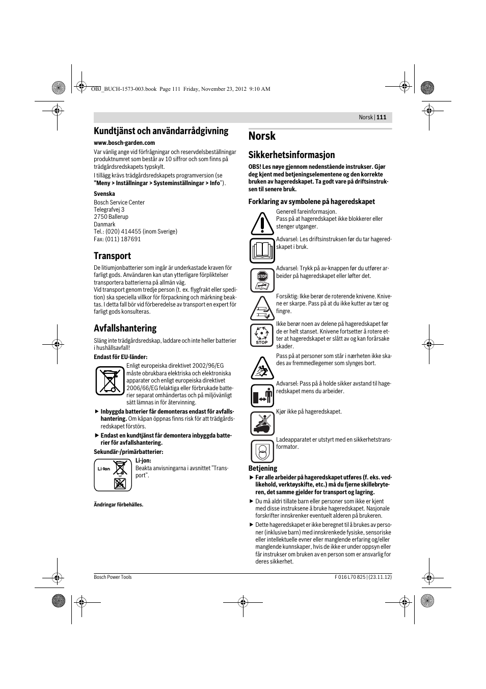 Norsk, Kundtjänst och användarrådgivning, Transport | Avfallshantering, Sikkerhetsinformasjon | Bosch Indego User Manual | Page 111 / 309