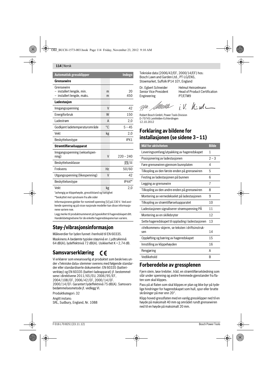 Støy-/vibrasjonsinformasjon, Samsvarserklæring | Bosch Indego User Manual | Page 114 / 309