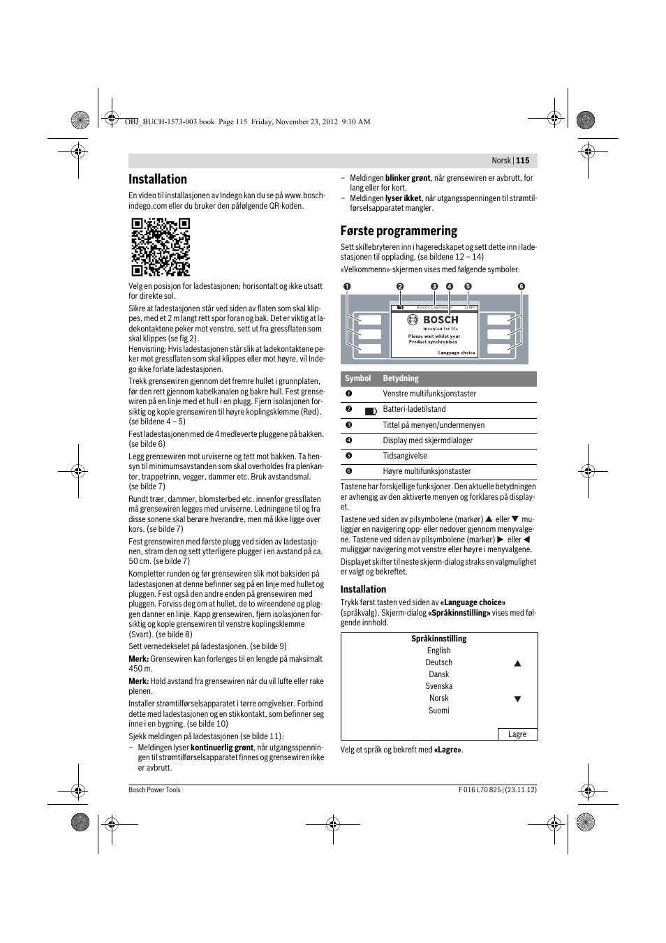 Installation, Første programmering | Bosch Indego User Manual | Page 115 / 309