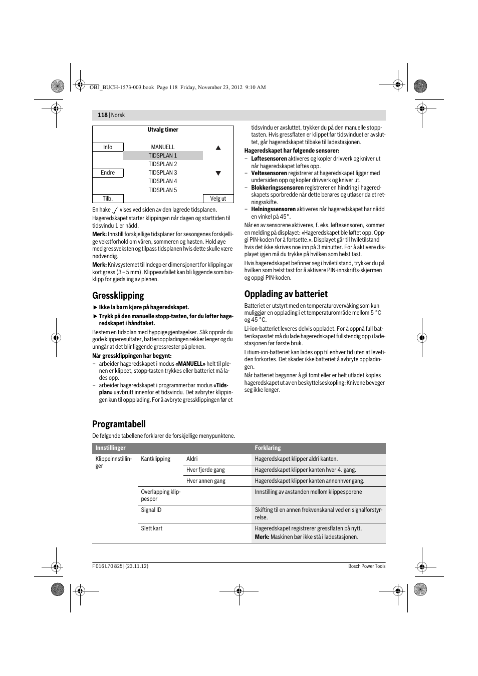 Gressklipping, Opplading av batteriet, Programtabell | Bosch Indego User Manual | Page 118 / 309