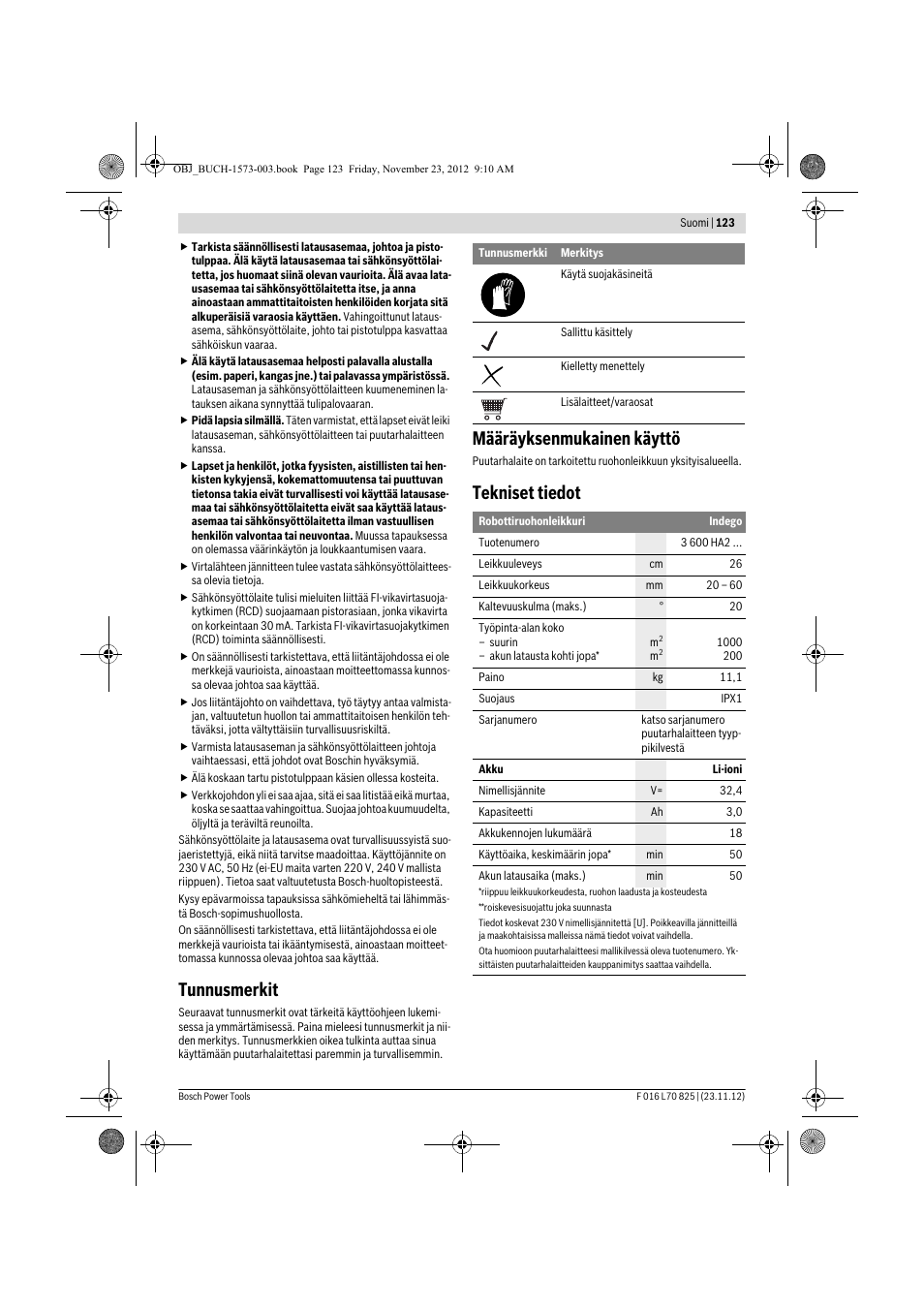 Tunnusmerkit, Määräyksenmukainen käyttö, Tekniset tiedot | Bosch Indego User Manual | Page 123 / 309