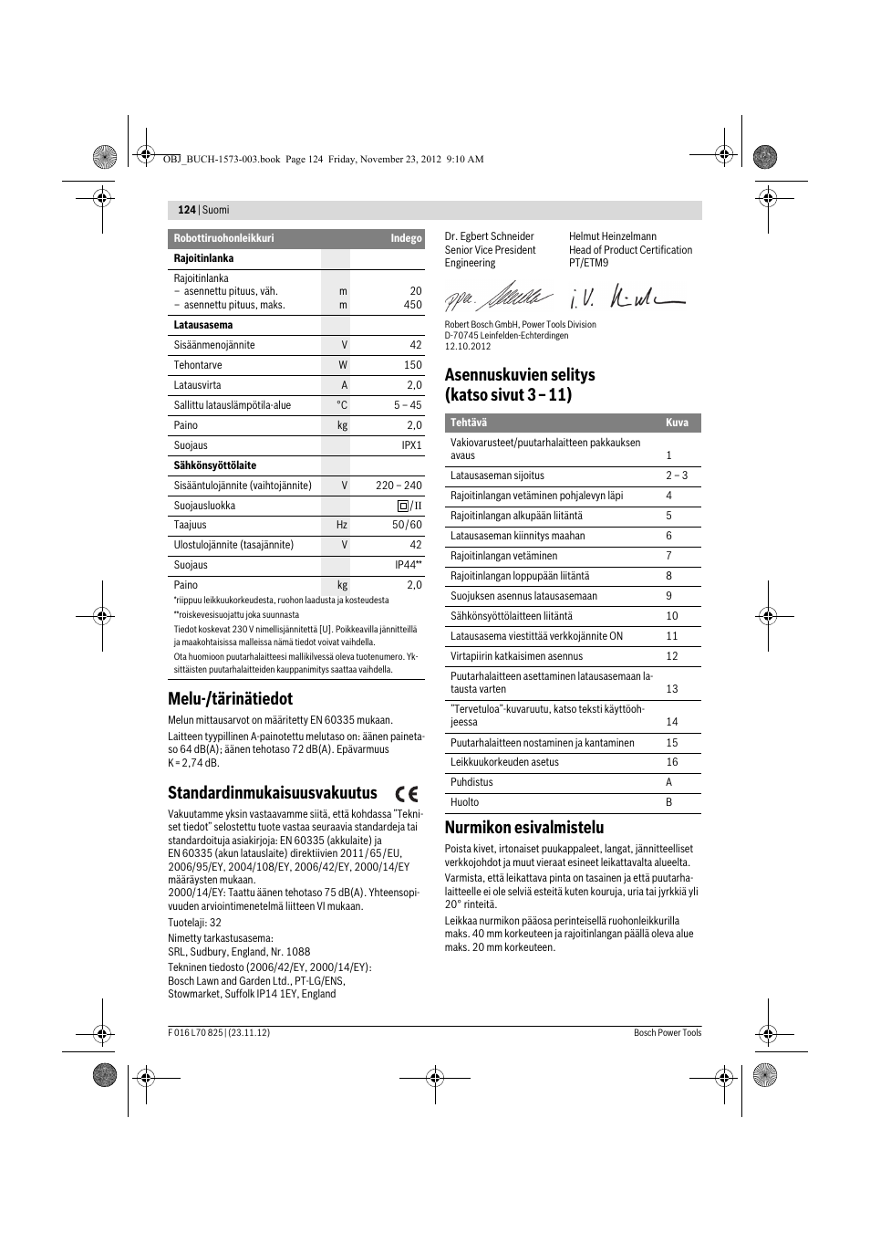 Melu-/tärinätiedot, Standardinmukaisuusvakuutus | Bosch Indego User Manual | Page 124 / 309